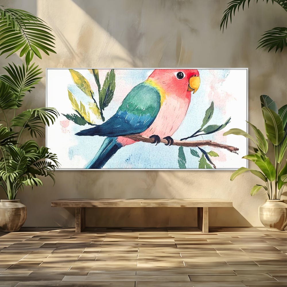 Tablou canvas cu tablou canvas cu papagal colorat, in rama de aluminiu argintiu